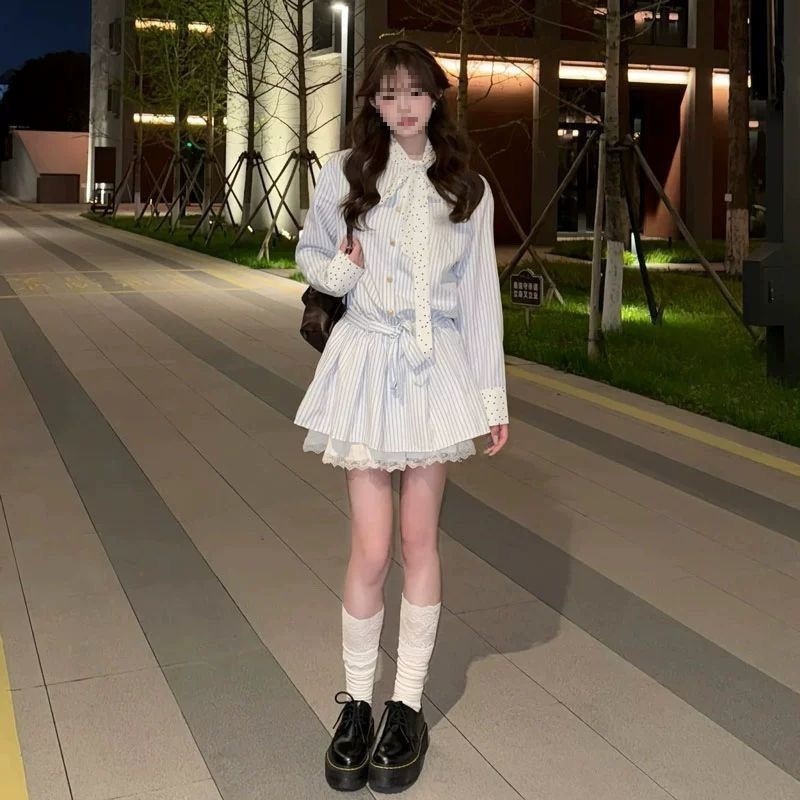 学院风条纹长袖衬衫连衣裙秋季2025新款波点蝴蝶结设计感收腰短裙|undefined
