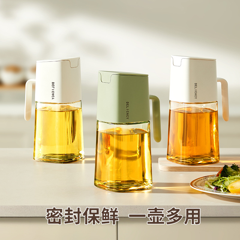 Olla de aceite de vidrio, apertura y cierre automáticos, aceite a prueba de fugas y sin colgar, olla de aceite de cocina doméstica, olla de aceite de cocina de gran capacidad, botella de aceite de aceite de sésamo de salsa de soja