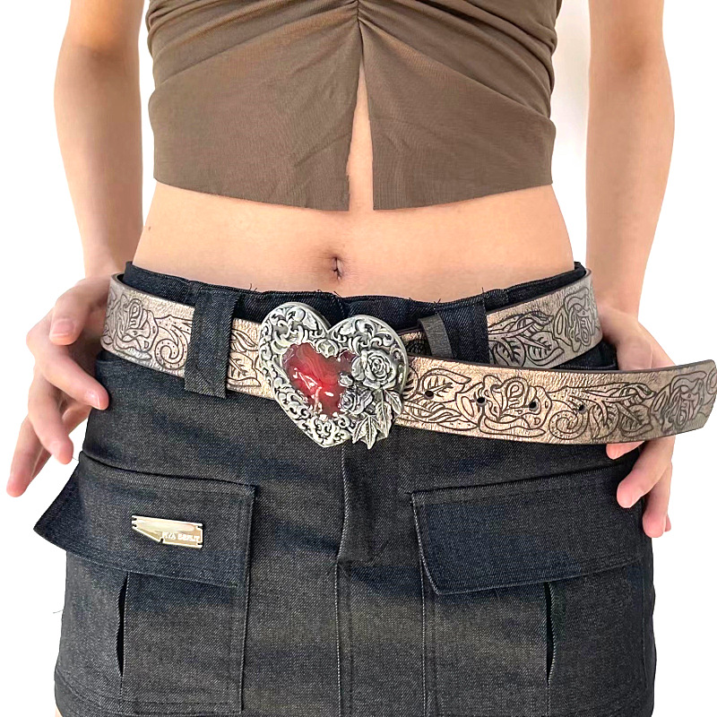 170g Weight Artificial Gemstones Inlay Material Belt Classification Retro Heart Shape Pu Leather Alloy Plating Inlay Artificial Gemstones Women's Leather Belts