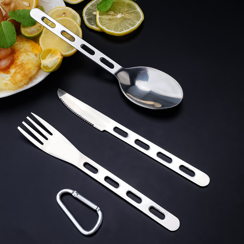 Kit de cubierta de camping al aire libre botón de montaña combinación cuchillo y tenedor cucharas de viaje portátil de tres piezas cuchillo y tenedor cucharas de acero inoxidable