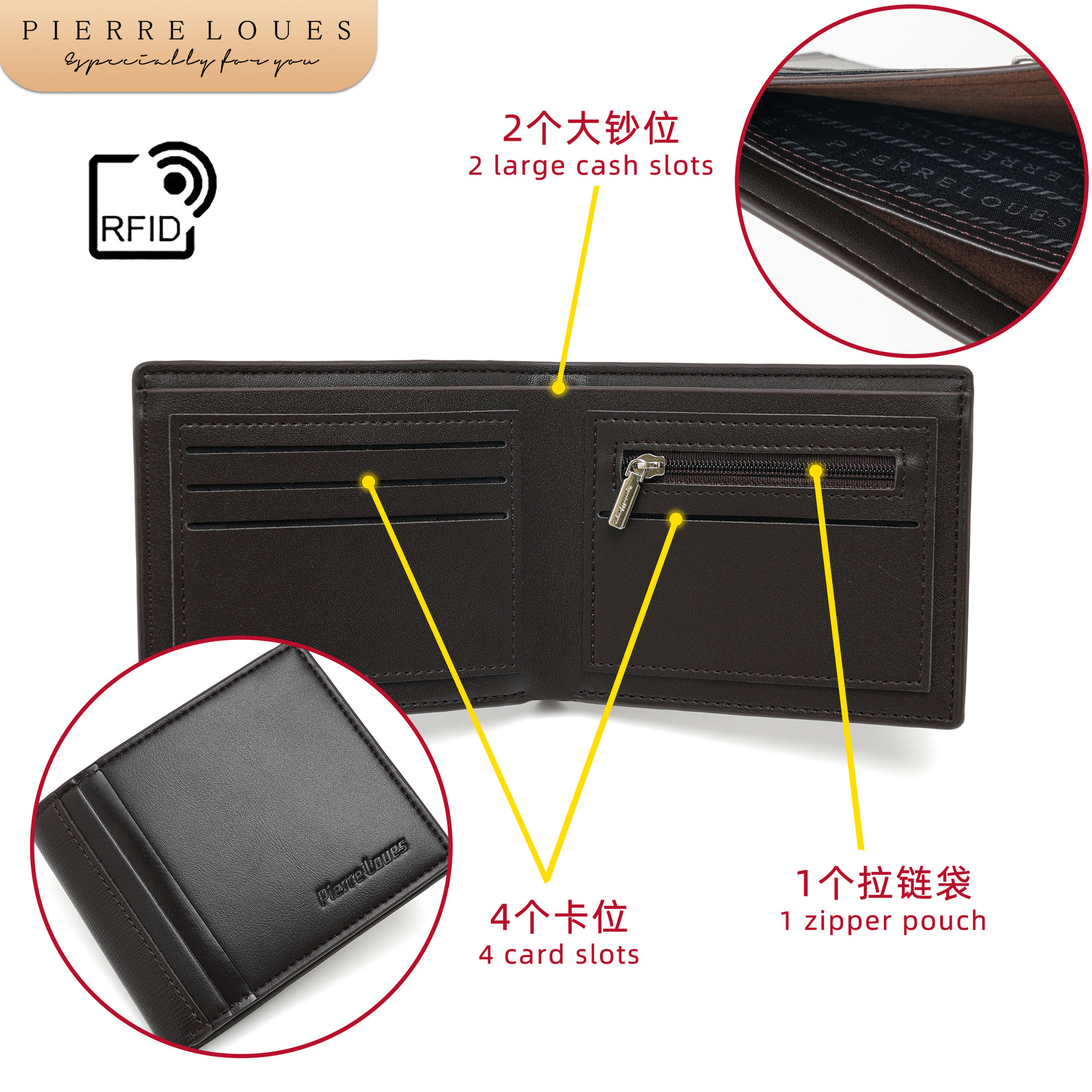 RFID 차단 남성용 PU 반지갑 다중 카드 수납 블랙