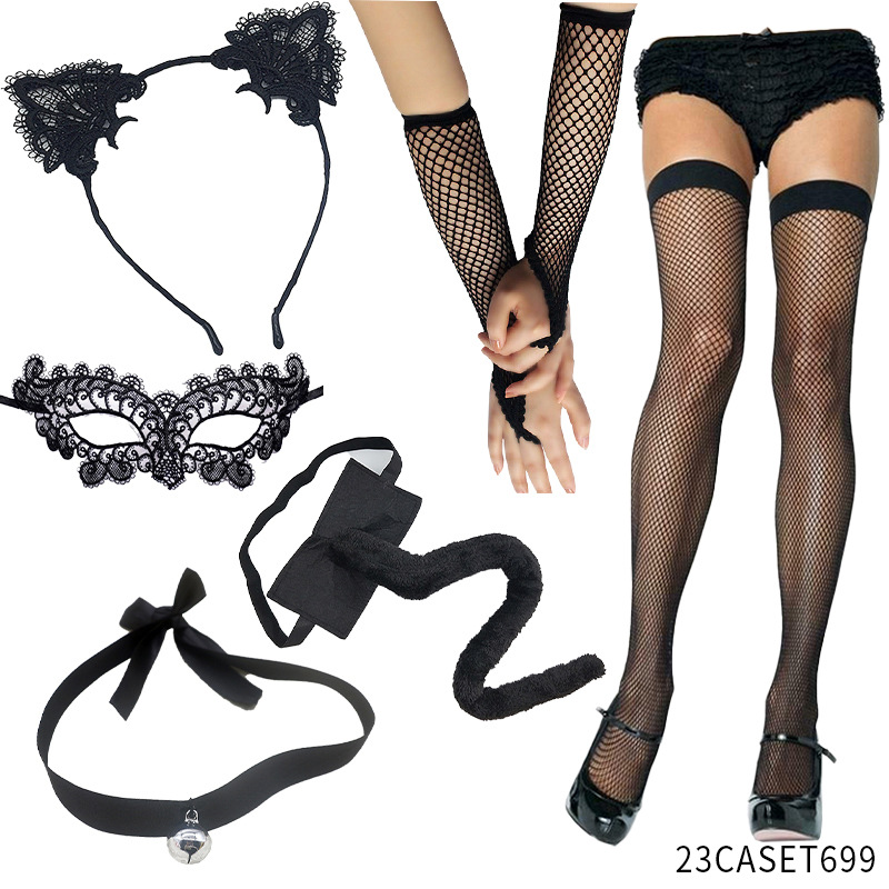 Disfraz de princesa gato para Halloween, diadema con orejas de gato, máscara de ojos de encaje negro, máscara facial.