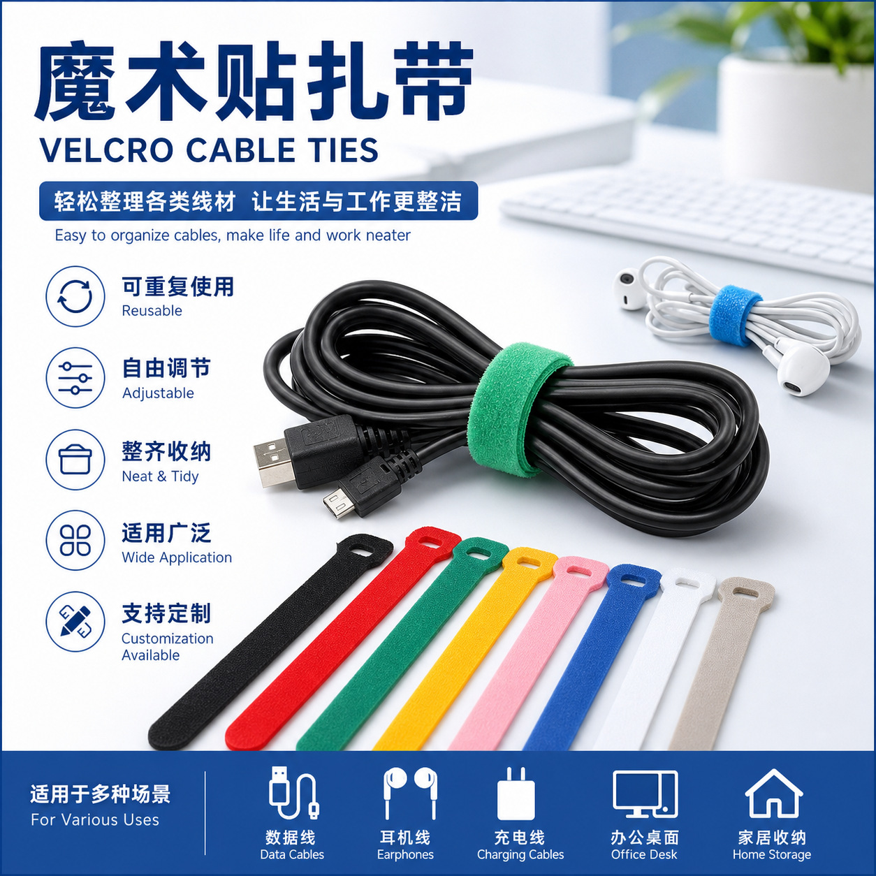 背胶魔术贴扎带电线固定理线带耳机充电数据线收纳集线绑线器