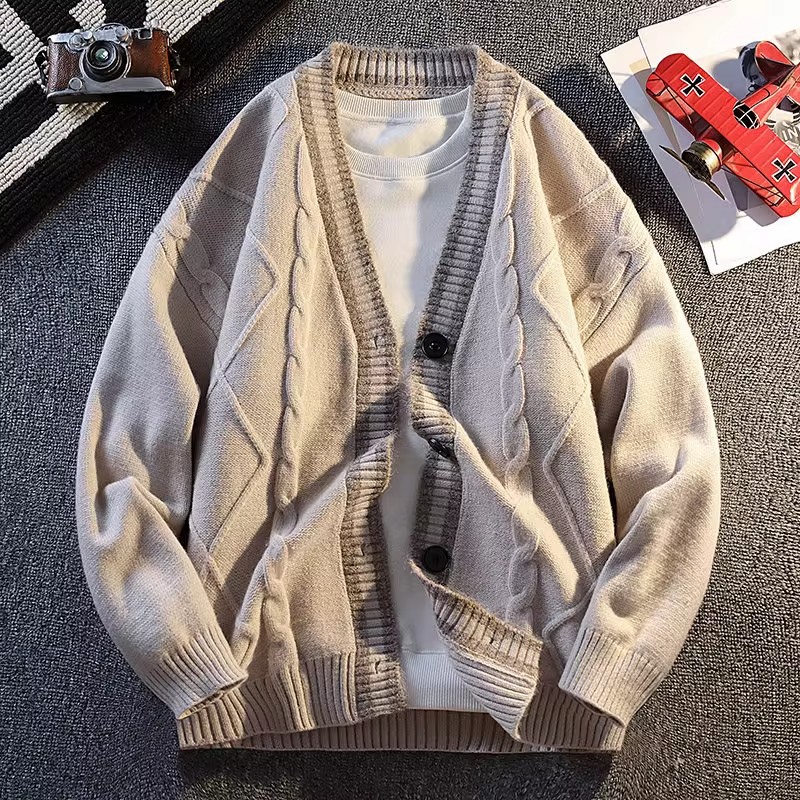 2025 otoño y invierno nuevo pequeño jacquard cornisa de moda cardigan suéter hombre moda casual versátil suelto color contrastante