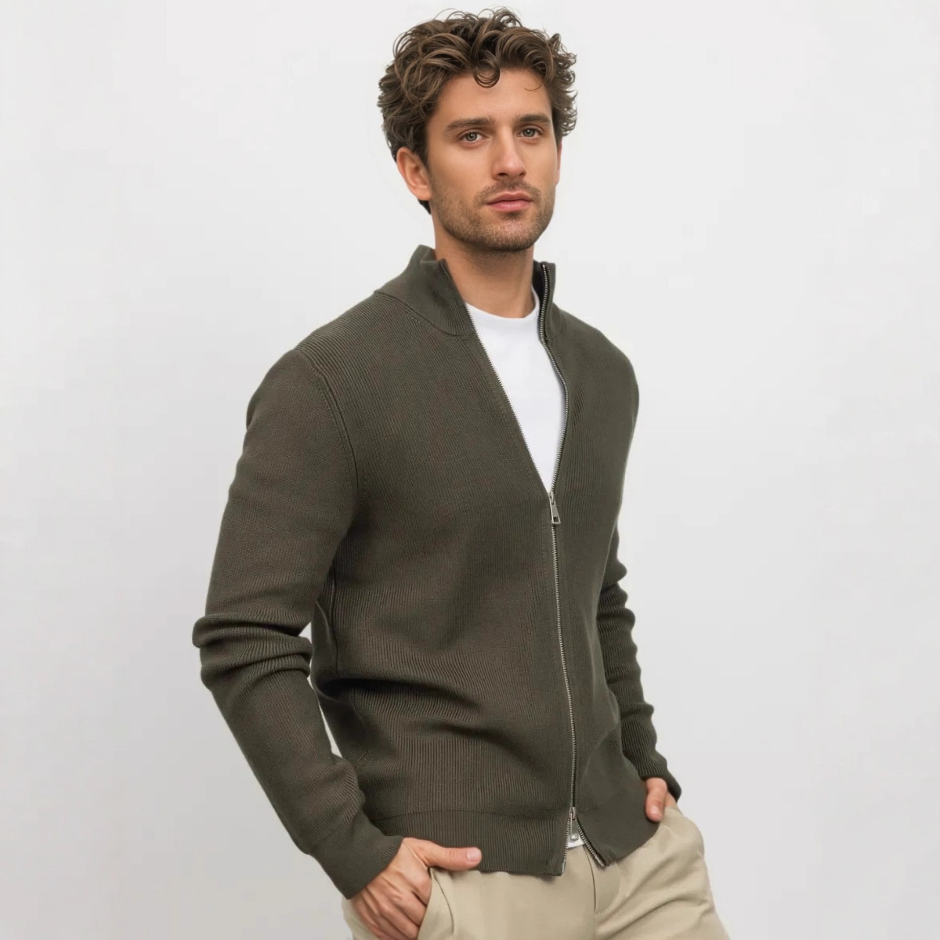 Hombre de cuello alto de doble cabeza cremallera suéter otoño y invierno nuevo estilo de ropa casual de hombre de negocios de color sólido delgado jersey cardigan superior