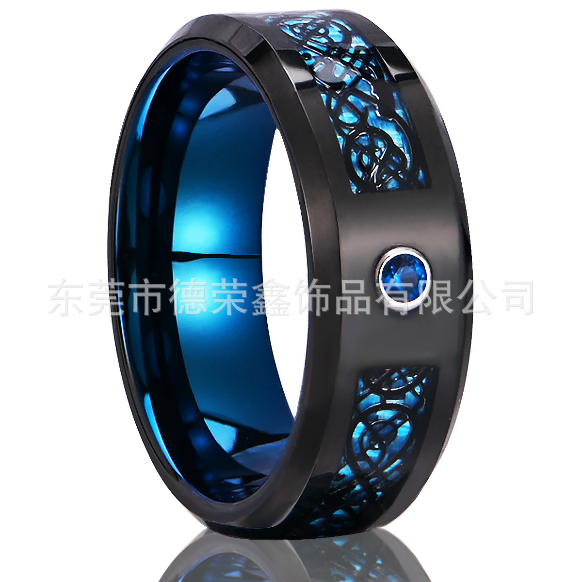 8 Wide Tungsten Steel Rings Inlaid with Black Dragon Pattern Blue Carbon Fiber Men's Tungsten Steel Rings in Stock Dropshipping