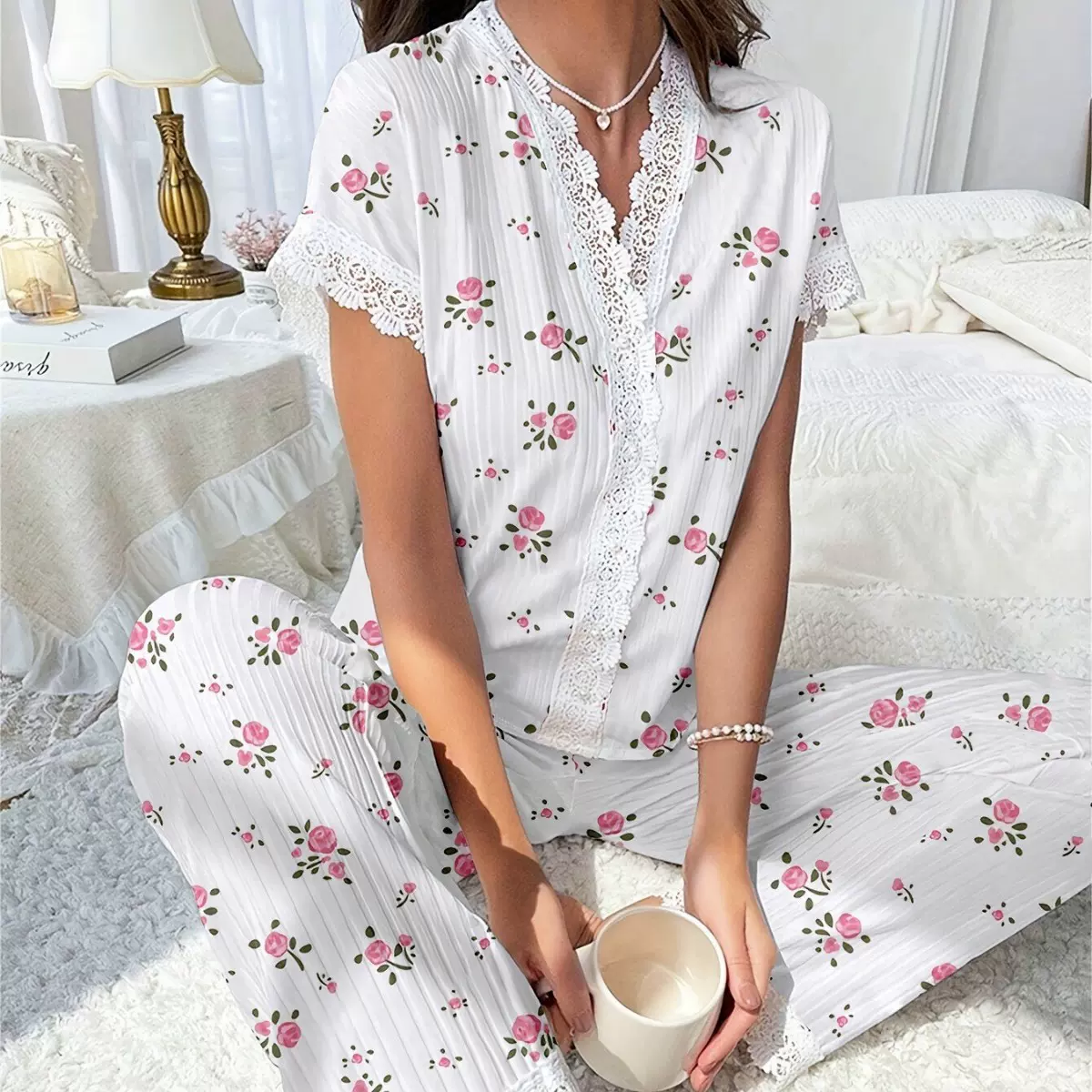 欧美跨境热销家居服樱桃印花短袖翻领睡衣女可外穿长裤两件套套装