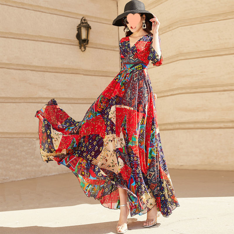 Chiffon V Neck Large Hem Dress Summer New Style Waist Slimming Look Super Long Beach Dress 7-Quarter Sleeve Super Fairy Dress