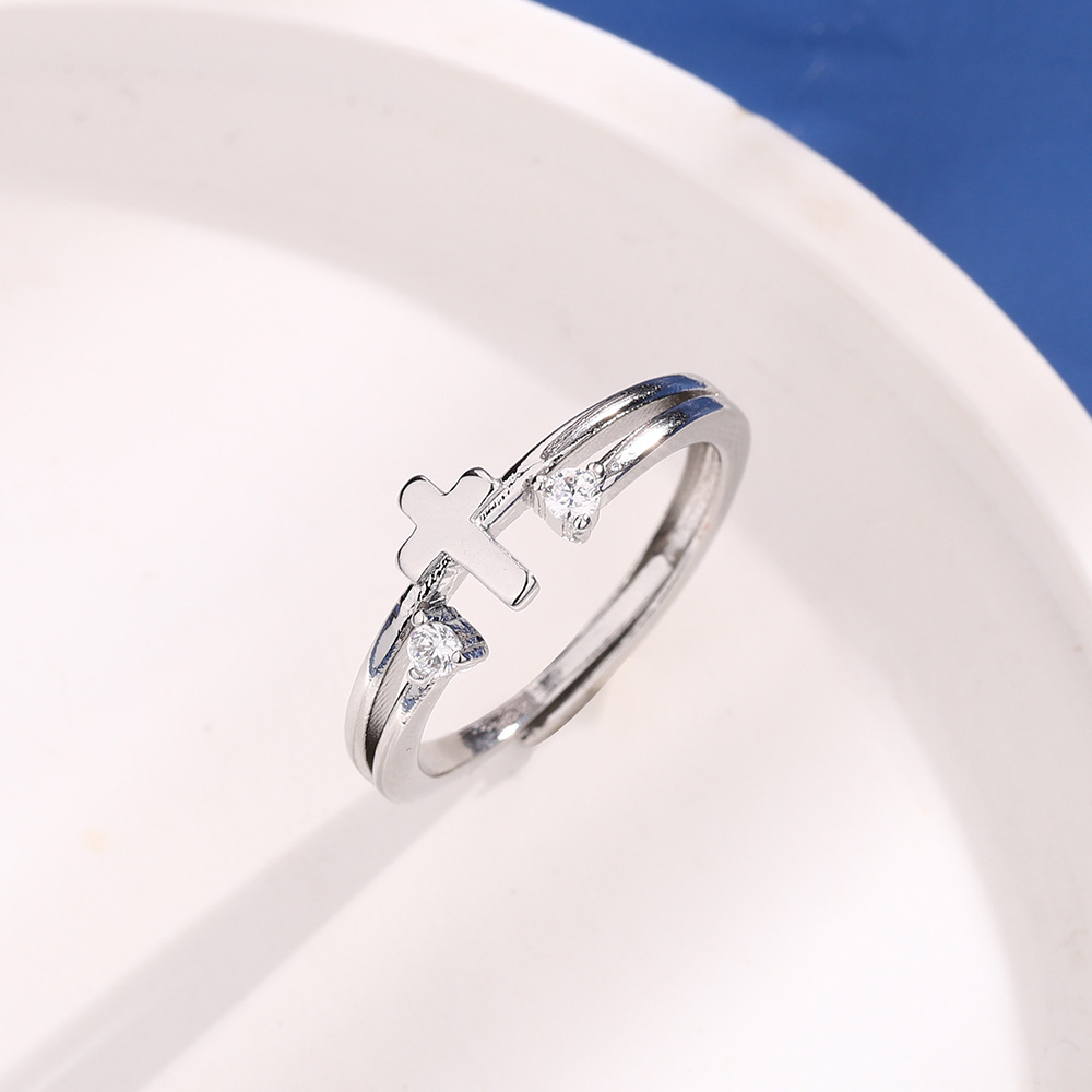 Anello doppio strato con croce e diamanti stile retro_voghion.com
