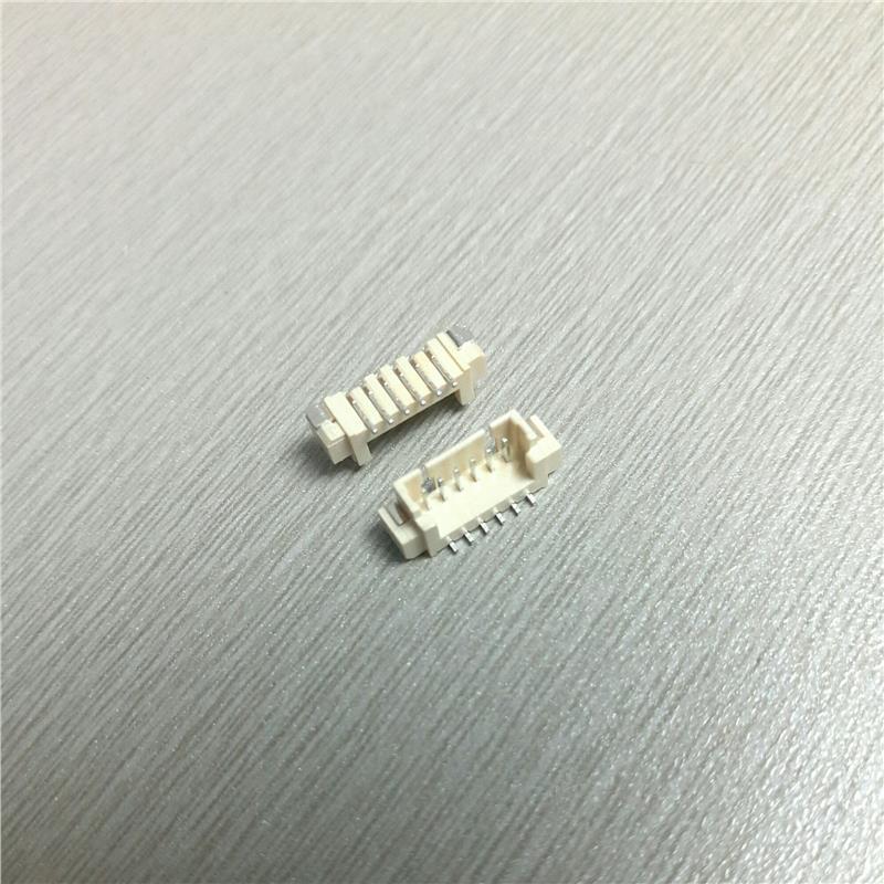 1.25mm间距薄 板对线 米黄色6PIN开口立式贴片连接器 90度弯针