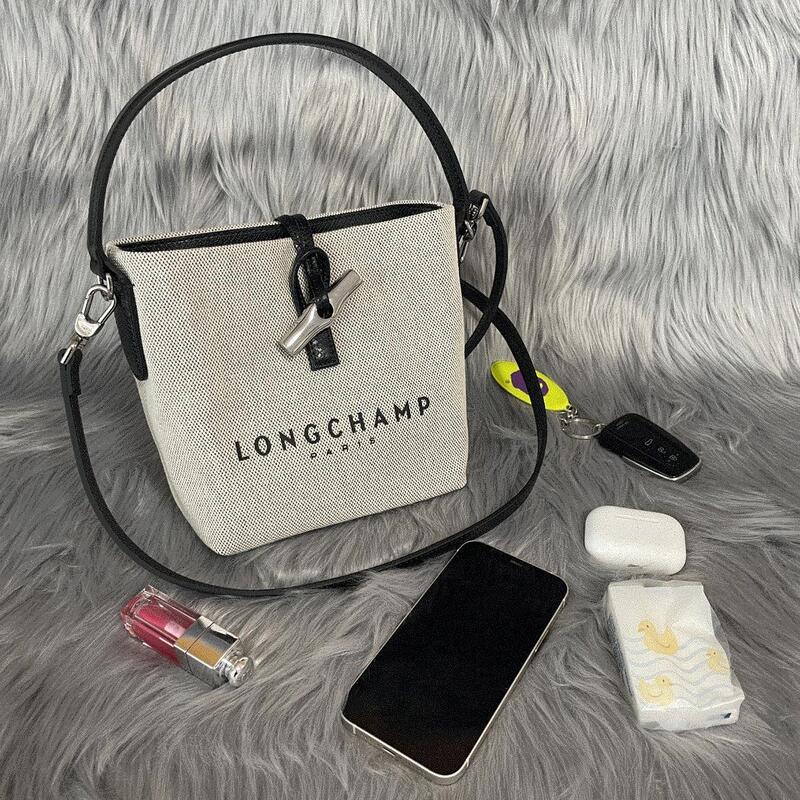[Purchasing Edition] New Lele French Longxiang Bag Bamboo Canvas Bucket Bag Women's Portable Shoulder Crossbody Bag