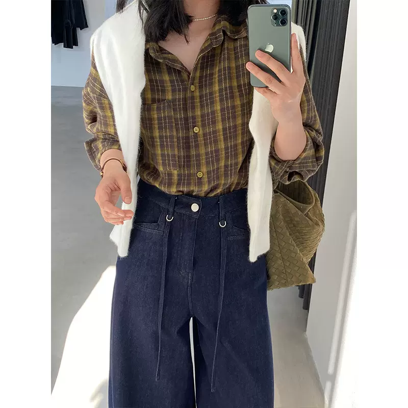 江左 磨毛加厚衬衫 韩系格纹长袖衬衫女25冬季设计感内搭叠穿1753