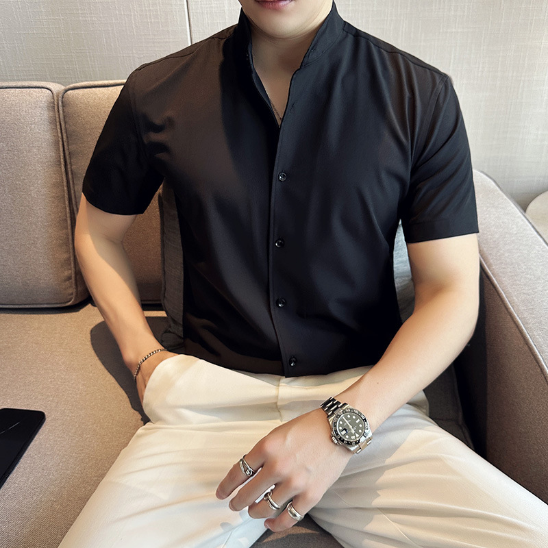 Tiktok actualizado verano nuevos hombres camisa de manga corta de moda coreana juventud tapeta oscura pequeño collar de pie camisa casual