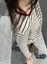 韩系红领条纹宽松长袖针织衫2024冬季新款休闲简约经典百搭上衣女