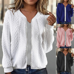 2024 Amazon European and American autumn new women's clothing comfortable loose jacquard stand collar zipper top baseball uniform for women