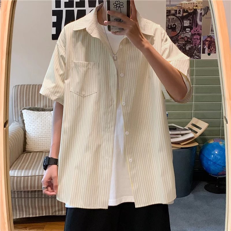 Salt-Style Shirt, Haze Blue Hong Kong Style Striped Short-Sleeved Shirt for Men, Summer Loose and Versatile, Lazy Style Quarter-Sleeved Jacket