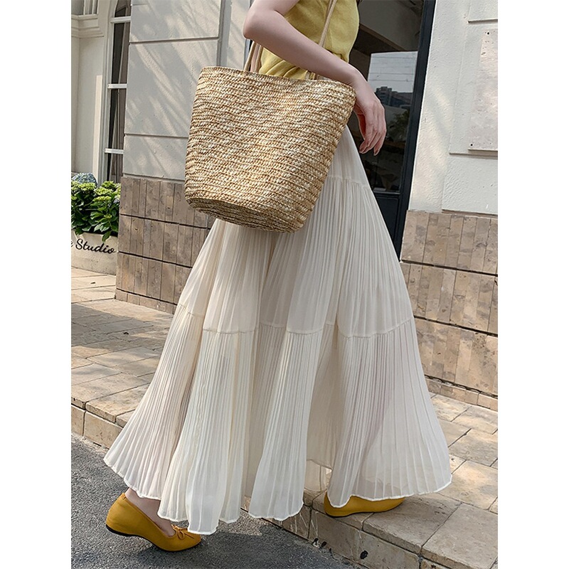 Chiffon Mesh Pleated Skirt for Women, Summer 2026 New Style, High-Waisted, Slimming, Drapey A-Line Flared Long Skirt Chiffon Mesh Pleated Skirt for Women, Summer 2026 New Style, High-Waisted, Slimming, Drapey A-Line Flared Long Skirt