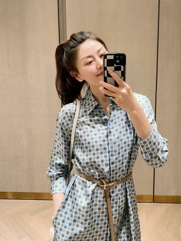 高端18姆米斜纹绸真丝配腰带印花连衣裙长袖收腰a字长裙女早秋款|undefined