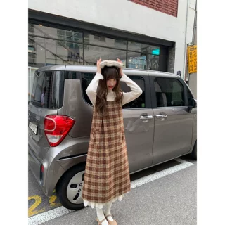 复古格纹纽扣背心裙女春秋新款小个子休闲百搭a字长裙子