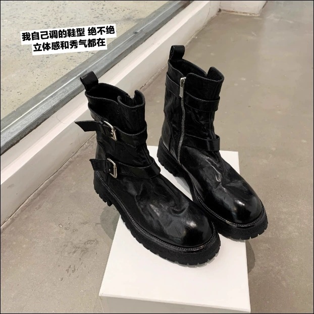 现货牛皮葡萄妈真皮复古短靴女百搭显瘦机车靴子粗跟皮带扣马丁靴|undefined