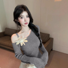 不规则斜领立体花朵针织衫吊带露肩辣妹木耳边毛衣女装百搭上衣服