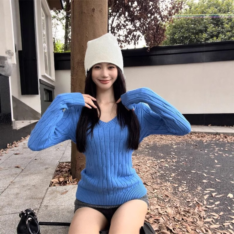 美式辣妹蓝色麻花V领毛衣女秋冬2025新款内搭针织打底衫修身上衣|undefined