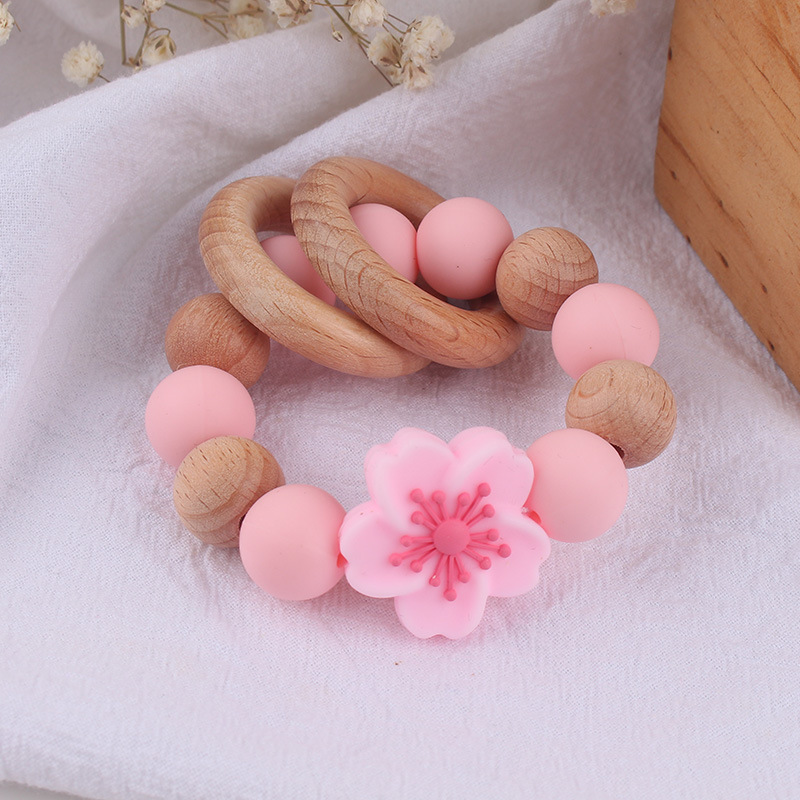 Temu Shein pulsera de mordedor de madera de haya para recién nacidos transfronterizos de grado alimenticio de silicona ecológica flor molar juguete