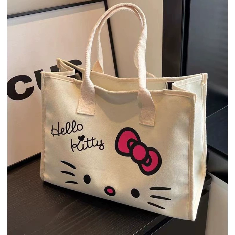 Плечевая сумка Tote (Hello Kitty) из льна, просторная, версия без подкладки или с подкладкой