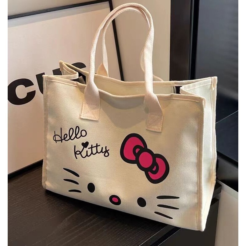 Cute Hello Kitty Canvas Bag Large Capacity Commuter Shoulder Bag Fashion Tote Bag College Student Class Tote Bag