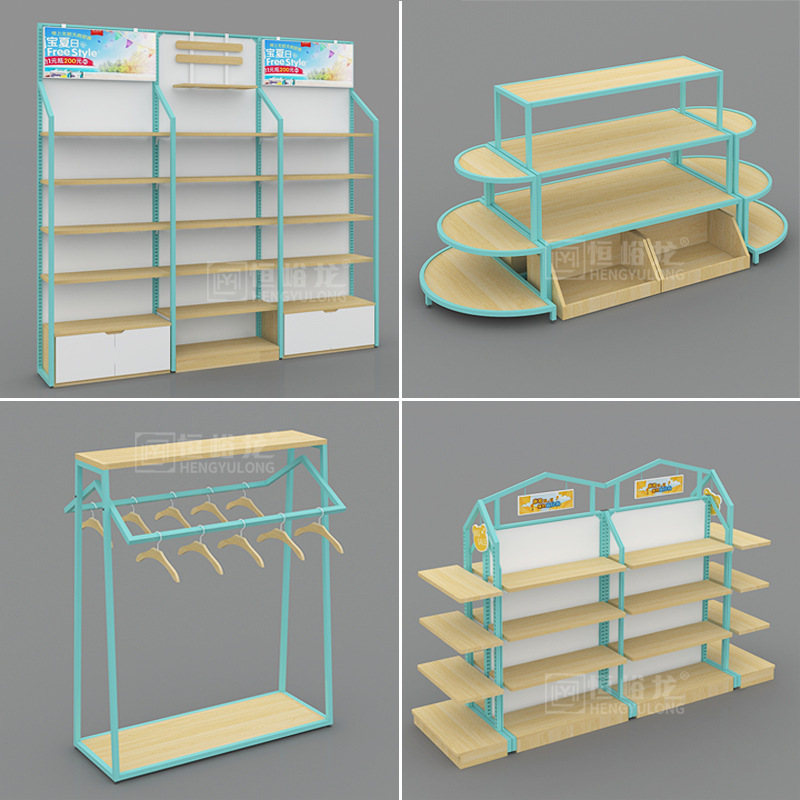 Estantes con estructura de acero y madera para centros comerciales, supermercados, tiendas de conveniencia, farmacias, uso comercial, estantes de supermercado de madera de varias capas.