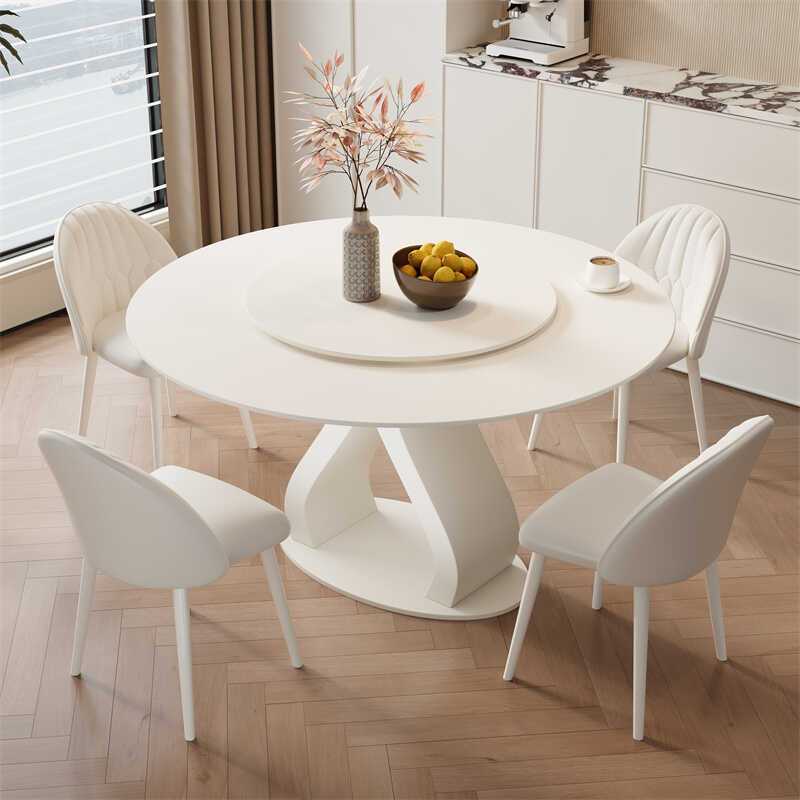Cream Style Slate Dining Table for Small Apartments, Modern Light Luxury Round Dining Table and Chair Combination, a Complete Set of New Dining Tables