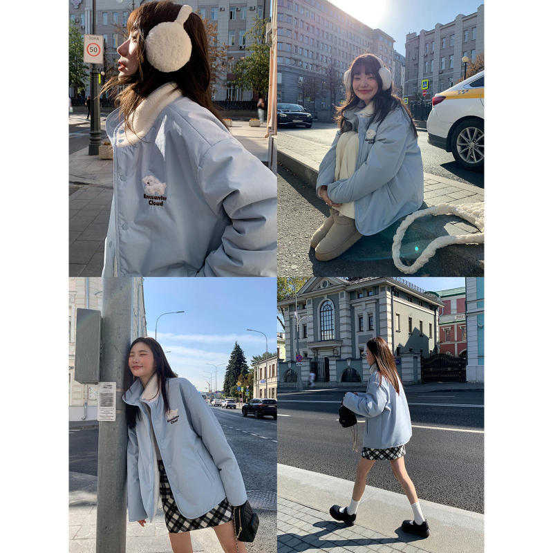 Reversible American-Style Stand-Collar Jacket, Cotton-Padded Jacket for Women, New Autumn and Winter Style, Loose-Fitting and Slimming Padded Coat