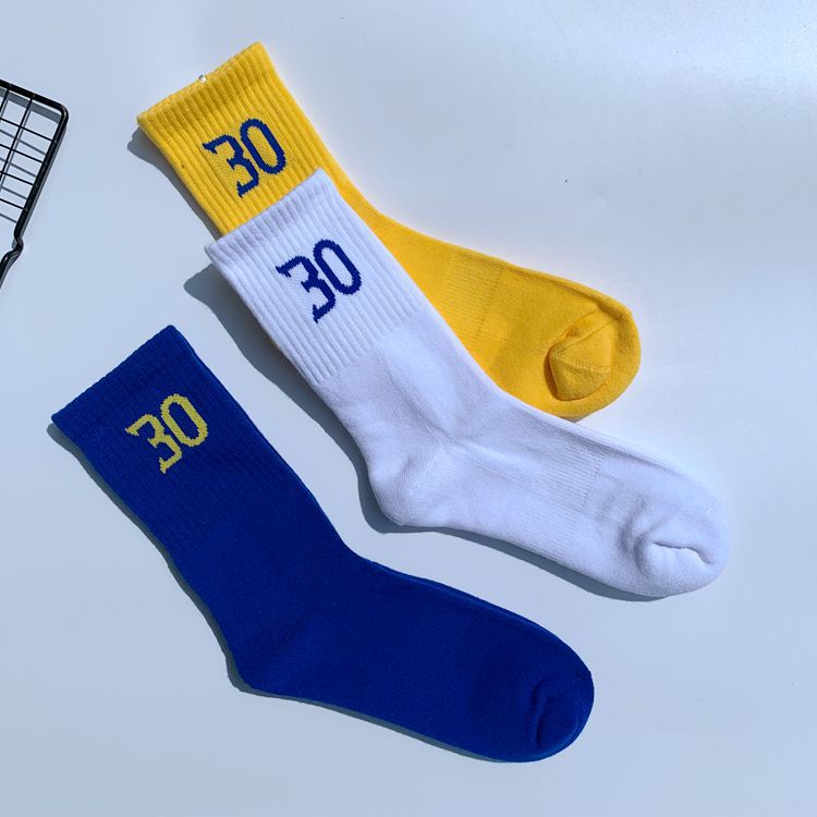 Men's and women's mid-calf fashion basketball European and American street Harajuku letter towel thickened sports white and blue skateboard stockings wholesale
