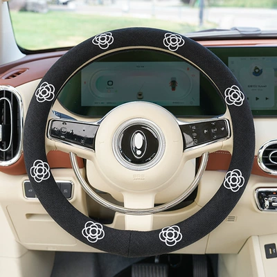 Steering wheel cover Cover Cotton and Linen Breathable - cotton-and-linen-embroidered-multiple-camellia-steering-wheel-cover-black-38cm