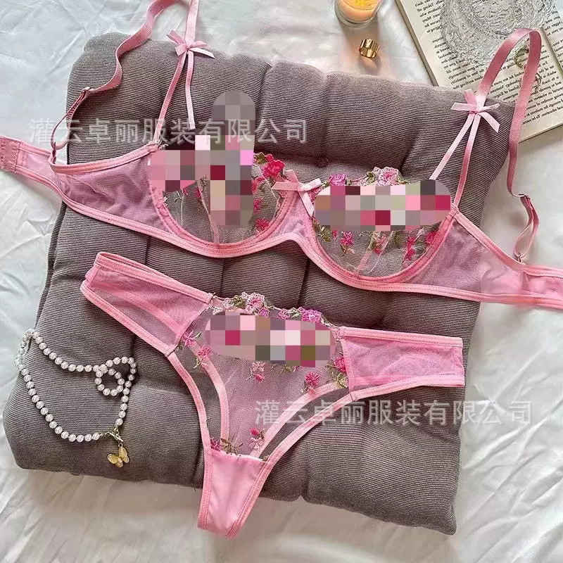 法式内衣女性感水墨画刺绣蕾丝文胸套装薄棉兔耳朵杯大胸显小文胸