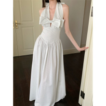 实拍现货黑白条纹收腰领连衣裙法式无袖露背挂脖字长裙