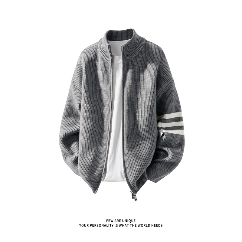 2026 Autumn Vintage Knitted Cardigan Sweater with Three-Stripe Stand Collar, Color-Contrast, Casual Style Men's Jacket, In Stock