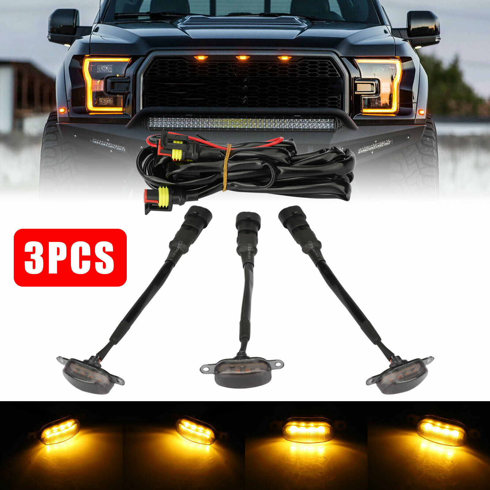 Auto SUV F150 Raptor Luz de red LED Luz amarilla pequeña Luz de advertencia de niebla Luz de ceja de rueda Frente