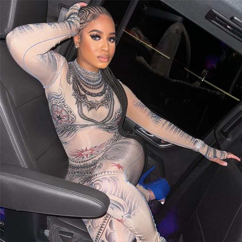 Feng – combinaison en maille imprimée pour femme, nouvelle mode, taille haute, serrée en corne, automne 2024_voghion.com