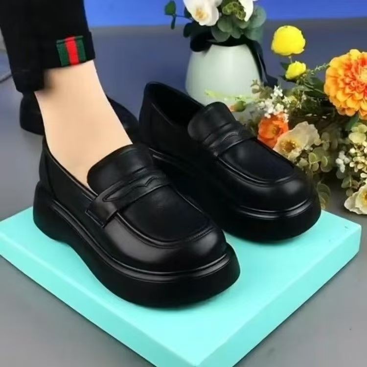 2025년 신상 가을 슬립온 여성용 두꺼운 밑창 로퍼, 플랫폼 소프트솔 소프트 표면 작은 가죽신, 빈슈즈