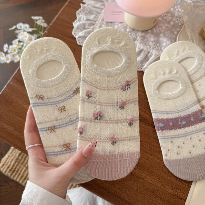 Gentle floral pattern~New spring/summer women's socks, Korean style color-blocked mesh bow invisible socks, sweet thin boat socks Gentle floral pattern~New spring/summer women's socks, Korean style color-blocked mesh bow invisible socks, sweet thin boat socks