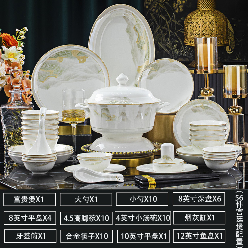 景徳鎮の陶磁器の食器の卸売りのネットの赤い碗の皿のセットの高温の骨の磁器の食器の家庭用の結婚の引っ越しの贈り物|undefined