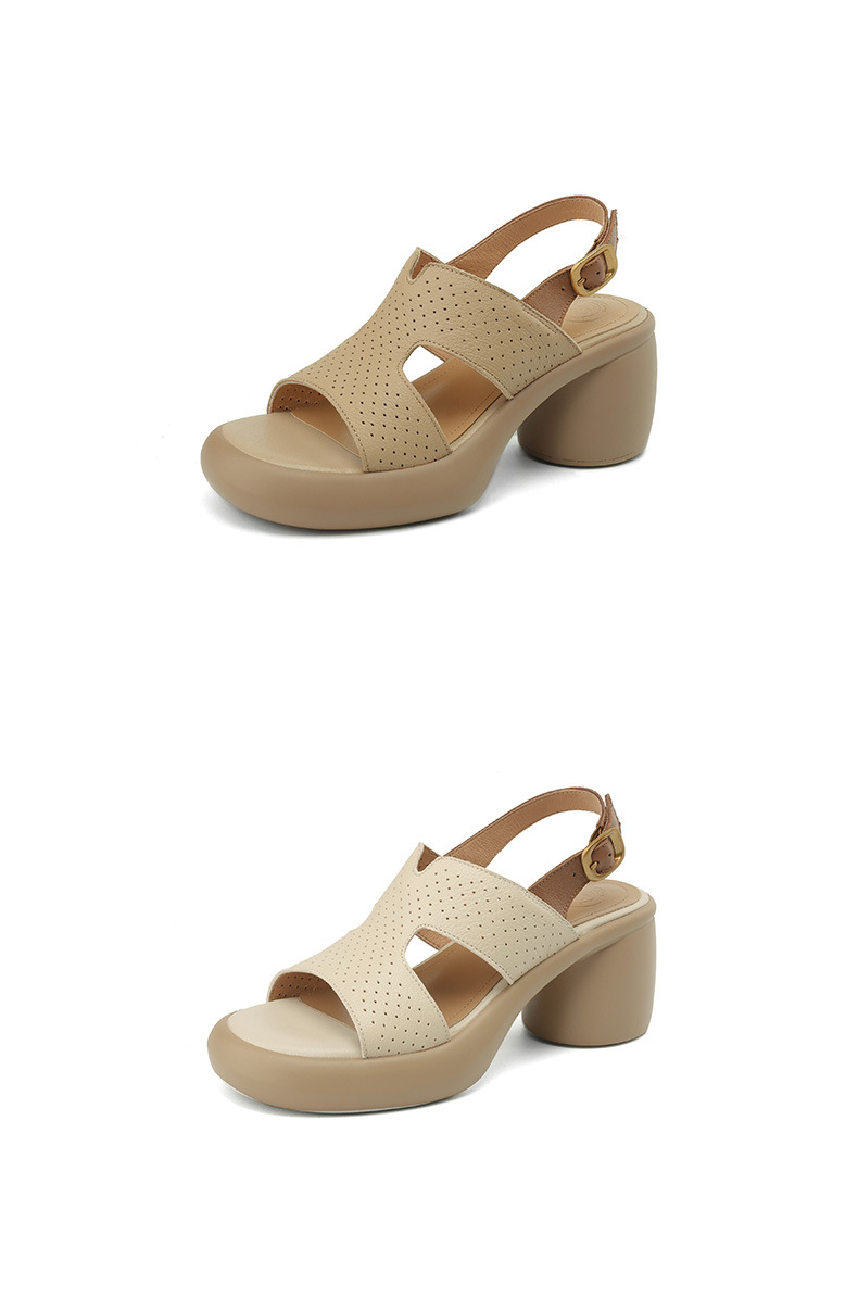 Sandal cao gót hở mũi nữ đế dày da cừu quai ngang đục lỗ — Màu trắng be chi tiết 18