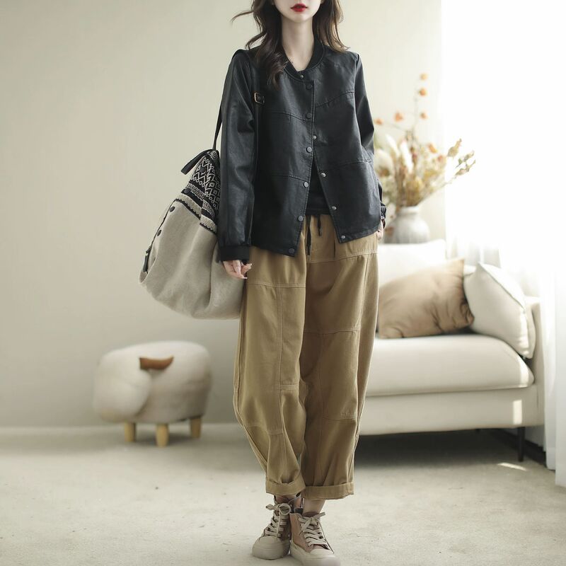 古茶色の服 秋の新作 レディース レザージャケット 黒のトップス おしゃれ カジュアル ゆったりとしたステッチ入り アート風PUレザージャケット|undefined