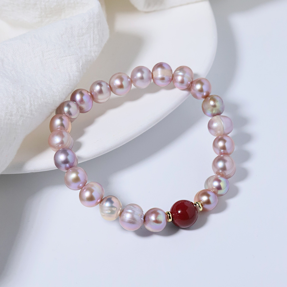 Nuevo agua dulce natural púrpura perla rojo camuflado pulsera cuerda elástica alta sensación de moda brazalete universal joyas