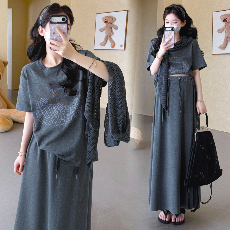 Maternity Summer Set 2026 New Summer Style Maternity Pullover Printed Top Casual Sports Skirt Adjustable