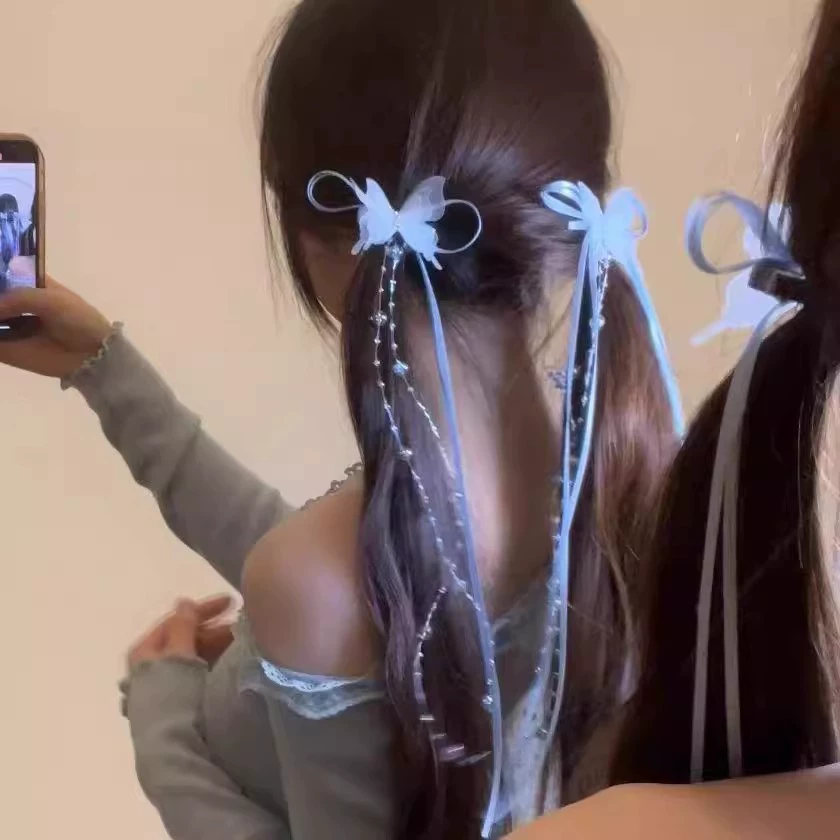 Плетеная лента для волос с бантом, заколка для волос с бусинами, заколка для волос с кисточкой и бабочкой, заколка для волос в балетном стиле, заколка для волос с двойным хвостиком, аксессуары для волос