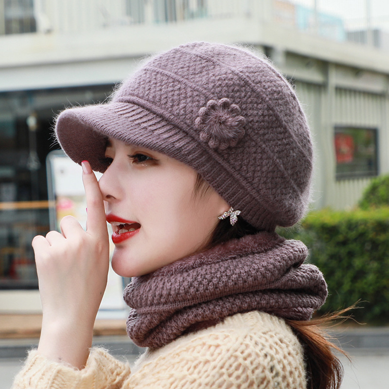 新款毛线帽女冬季兔毛针织帽加绒保暖护耳妈妈帽户外骑车一件代发