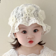 新款婴儿帽子春夏公主蕾丝花朵渔夫帽婴幼儿童盆帽女宝宝遮阳防晒