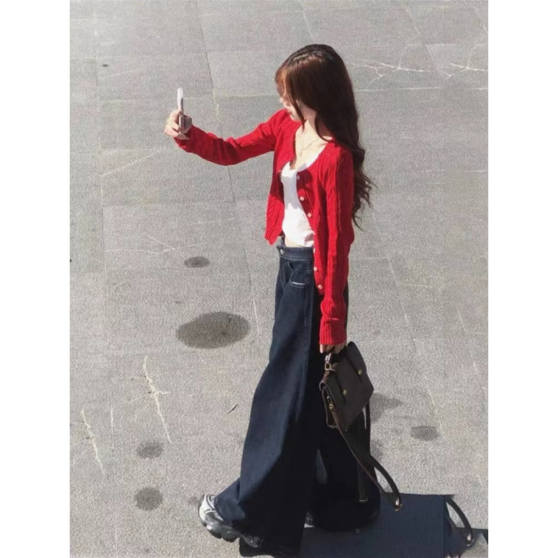 春秋新款紅色麻花針織衫開衫韓系復古短款毛衣外套女早秋穿搭上衣
